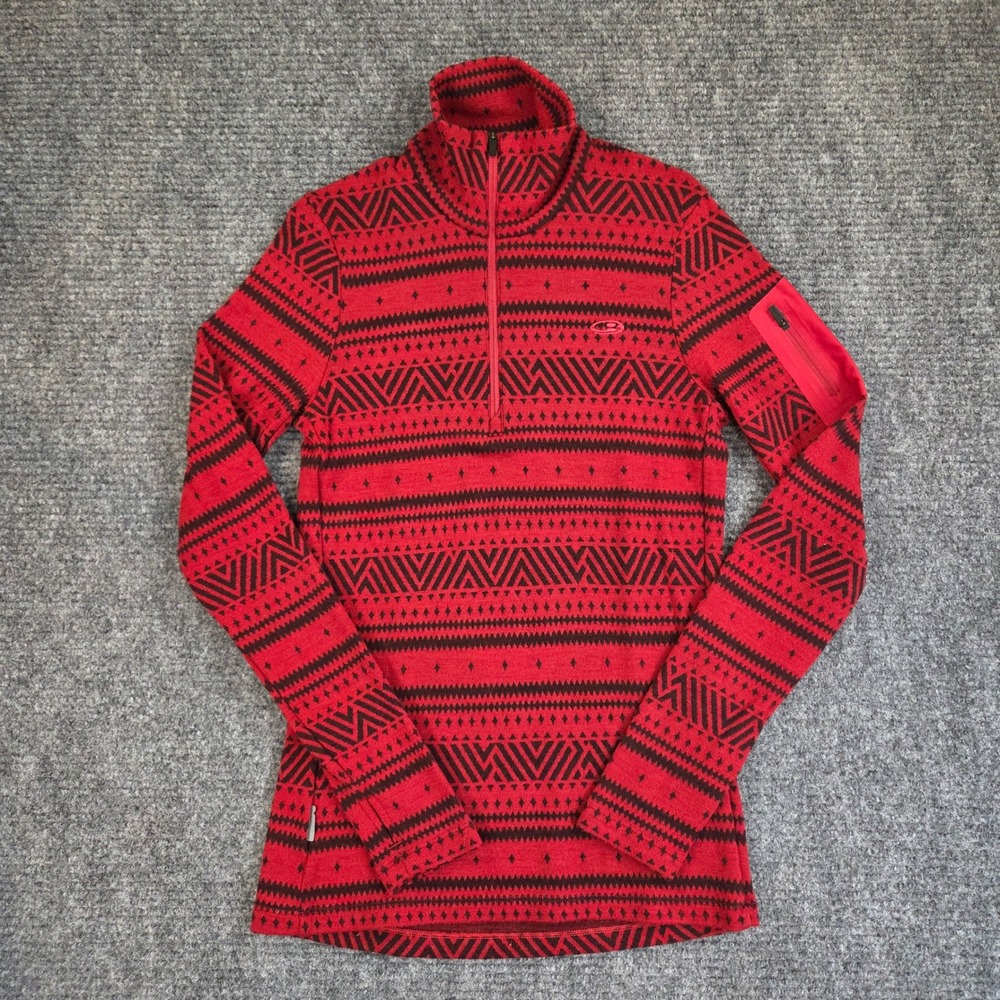 Icebreaker Merino Wool Half Zip Base Layer Red Black Geometric S Women